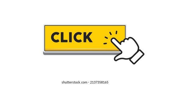 Click here button with hand clicking icon. Vector design.
