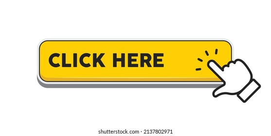 Click here button with hand clicking icon. Vector design.