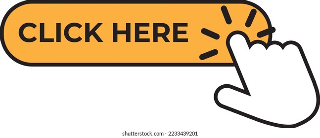Click here button with hand clicking icon. Click here vector web button. Web button with action of hand. Click here, UI button concept.