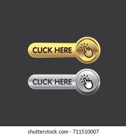 Click Here Button With Hand Clicking. Gold And Silver Shiny Design Elements.