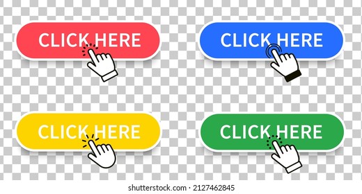 Click Here Button with hand cursor. Set for button website design. button set. Computer mouse click cursor or Hand pointer symbol

