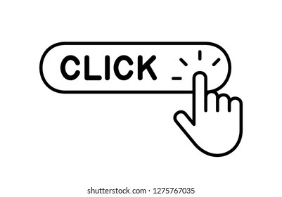 Click here button with hand icon. Isolated on White background
