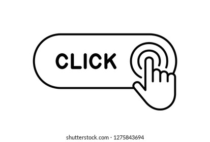 Click here button with hand icon. Isolated on White background