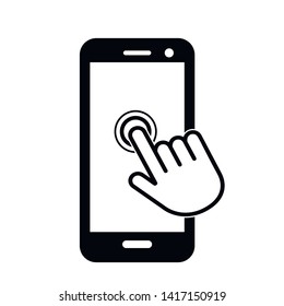 Click here the button with the hand icon on the phone screen. Linear icon for web. flat vector illustration on white background