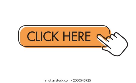 Click here button, with hand icon pointer clicking. Vector.
