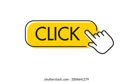 Click here button, with hand icon pointer clicking. Vector.