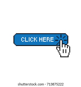 Click here button with hand icon. Pixel bitmap style vector.