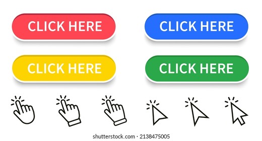 Click Here Button with hand or mouse cursor. Modern action button. Computer mouse cursor or hand pointer symbol. Set for button website design. Vector illustration