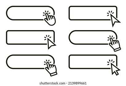 Pulse aquí botón con la mano o el cursor del ratón. Haga clic en el botón. Botón de acción moderno. Símbolo del ratón del equipo o símbolo del puntero de la mano. Prepárense para el diseño del sitio web de botón. Ilustración del vector