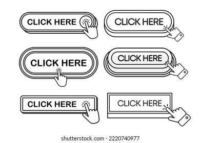 Click Here Button with hand or mouse cursor. Click buttons collection. Computer mouse cursor. Set for button website design. Vector illustration.