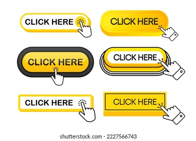 Click Here Button with hand or mouse cursor. Click buttons collection. Computer mouse cursor. Set for button website design. Vector illustration.