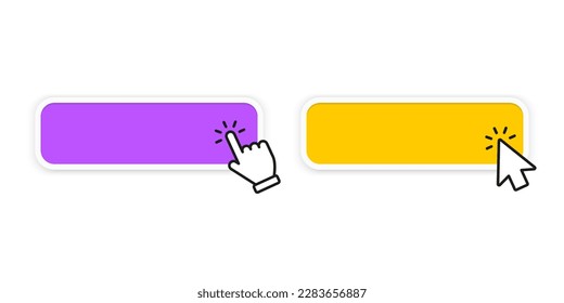 Click here button with hand or mouse cursor. Click blank button with hand pointer clicking icon. Click button. Computer mouse cursor or hand pointer symbol. Set for button website design