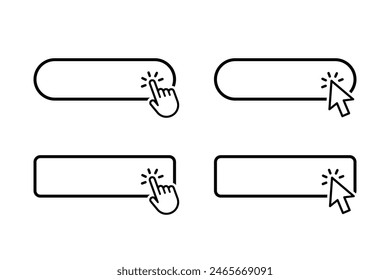 Click Here Button with hand or mouse cursor. Computer mouse cursor or hand pointer symbol. Modern action button