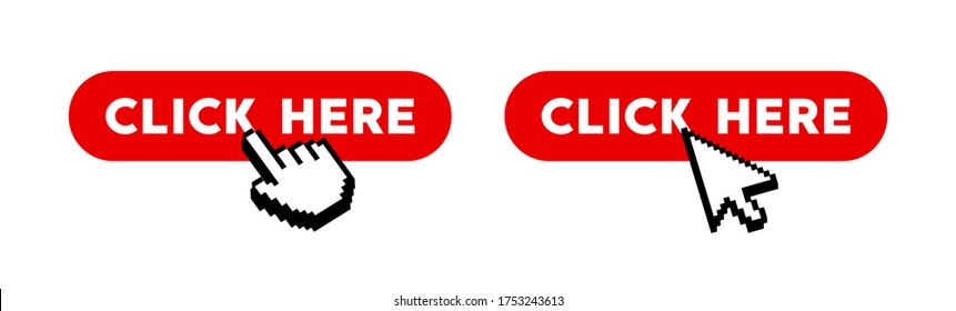 Click here button with hand pixel icon. Vector icon