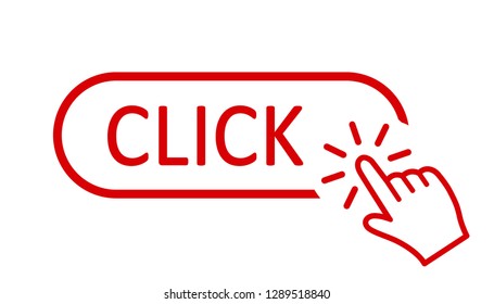 Click here button with hand pointer clicking. Click here web button. Isolated website buy or register bar icon with hand finger clicking cursor – vector for stock