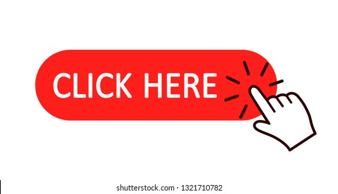 Click here button with hand pointer clicking. Click here web button. Isolated website buy or register bar icon with hand finger clicking cursor – for stock vector