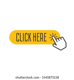 Click here button with hand pointer clicking. Vector click web sign cursor symbol. Illustration in flat style. EPS 10.
