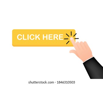 Click here button with hand pointer clicking. Vector stock illustration.