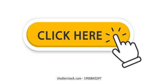 Click here button with hand pointer clicking. Click here vector web button. Web button with action of hand pointer. Click here, UI button concept. Vector illustration