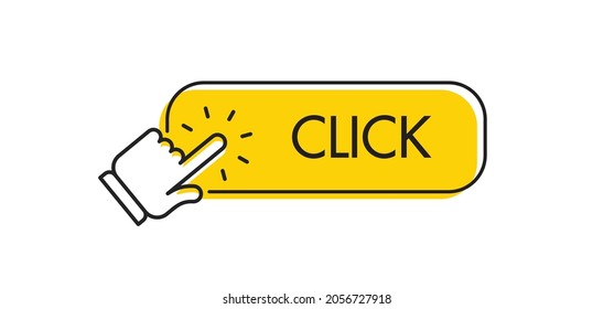 Click here button with hand pointer clicking. Web call to action with arrow pointer.