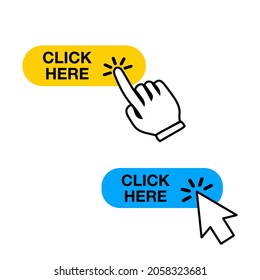 Click here button with hand pointer clicking and computer arrow.