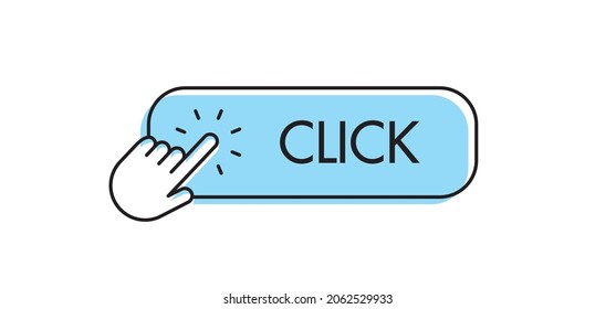 Click here button with hand pointer clicking. Web call to action with arrow pointer.