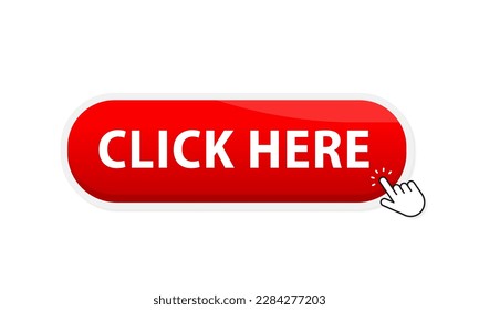 Click here button with hand pointer clicking. Click here vector web button. Web button with action of hand pointer. Click here, UI button concept. Cursor icon. Vector illustration