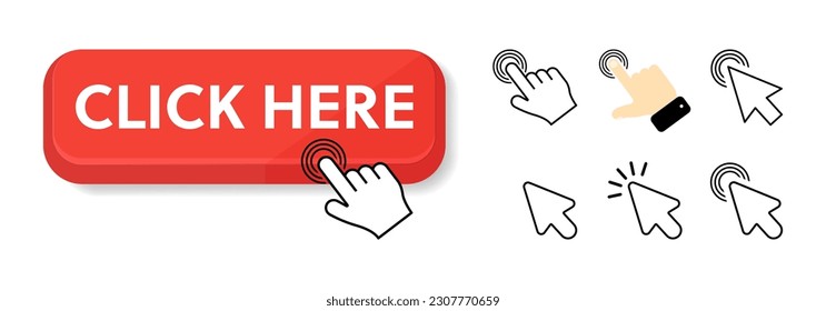 Click here button with hand pointer clicking. Vector illustration on a white background.