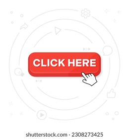 Click here button with hand pointer clicking. Vector illustration on a white background.
