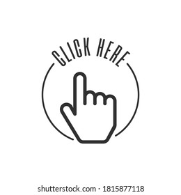 Pulse aquí el botón. Signo de mano con toque de botones o dedo señalador. Icono del cursor manos. Ilustración vectorial en estilo plano. EPS 10.