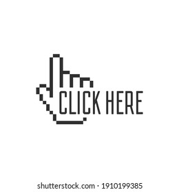 Click here the button. Hand sign with touching a buttons or pointing finger. Hands cursor icon. Vector illustration in flat style. EPS 10.