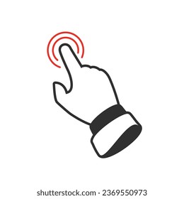 Click here the button. Hand sign with touching a buttons or pointing finger. Hands cursor icon. Vector illustration in flat style. EPS 10.