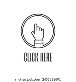 Click here the button. Hand sign with touching a buttons or pointing finger. Hands cursor icon. 