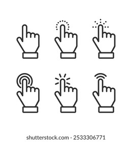 Click here the button. Hand sign with touching a buttons or pointing finger. Hands cursor icon. 