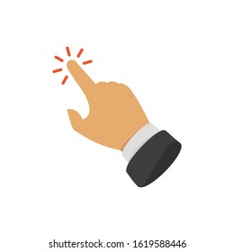 Click here the button. Hand with touching a buttons or pointing finger. Hands cursor icon. Vector illustration in flat style. EPS 10.