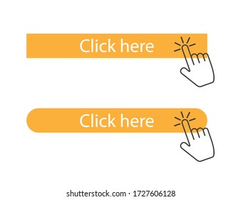 Click here button with hand touching on it. Isolated cursor in flat design. Hand touching square and round button. Push symbol for web banner. Yellow button template or mockup. Vector EPS 10.