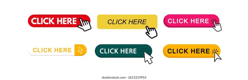 "Click Here button icon set with pointer clicking symbols. Includes web buttons and call-to-action icons. Perfect for websites, apps, and digital interfaces."