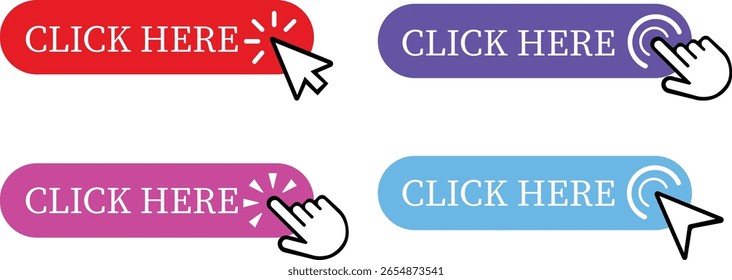 Click Here Button Icon set.Pointer Click button. Modern action button mouse click symbol. Computer mouse click cursor or Hand pointer symbol. Cursor arrow icon. Clicking finger. Vector illustration.