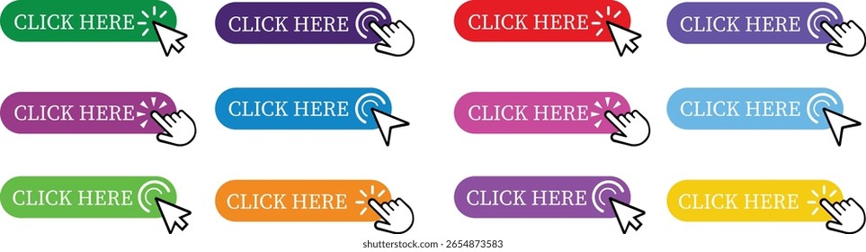 Click Here Button Icon set.Pointer Click button. Modern action button mouse click symbol. Computer mouse click cursor or Hand pointer symbol. Cursor arrow icon. Clicking finger. Vector illustration.