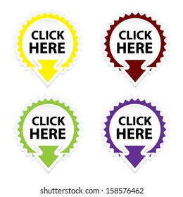 Click Here button, icon, sticker or symbols on white background - Vector.
