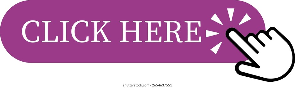 Clique no ícone do botão Aqui.Botão do ponteiro Clique. Símbolo de clique do mouse do botão de ação moderno. Cursor de clique do mouse do computador ou símbolo de ponteiro de mão. Ícone de seta do cursor. Clicando em dedo. Ilustração vetorial.
