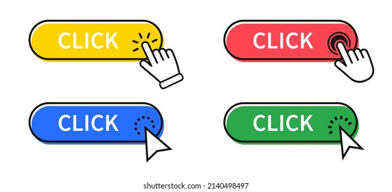 Click Here Button with mouse cursor. Set for button website design. Computer mouse click cursor or Hand pointer symbol
