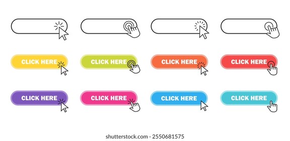 Click here button with mouse cursor or hand pointer. Set for button website design. Click button in white background. Computer mouse cursor or hand pointer symbol. Vector design. 