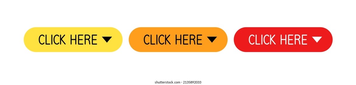 Click Here Button. Multi-colored rectangular buttons with the inscription Click here. Vector flat clipart isolated on white background.