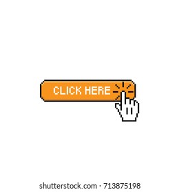 Click here button with pixel hand icon clicking. Flat design.