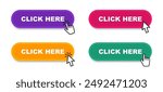Click Here Button with pointer clicking. Web button set. Click button. Clicking the icon. Action button click here with click cursor. Vector illustration.