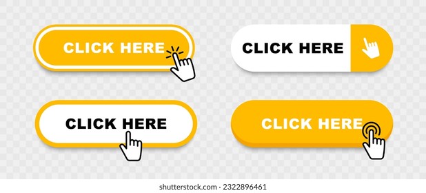 Click Here Button with pointer clicking. Web button set. Click button. Clicking the icon. Action button click here with click cursor. Vector illustration.