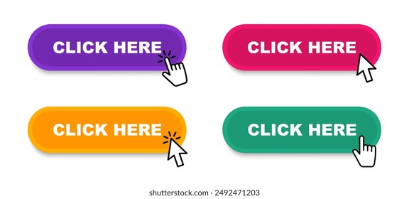 Click Here Button with pointer clicking. Web button set. Click button. Clicking the icon. Action button click here with click cursor. Vector illustration.