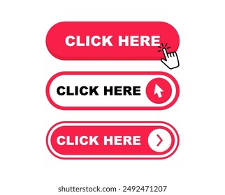 Click Here Button with pointer clicking. Web button set. Click button. Clicking the icon. Action button click here with click cursor. Vector illustration.