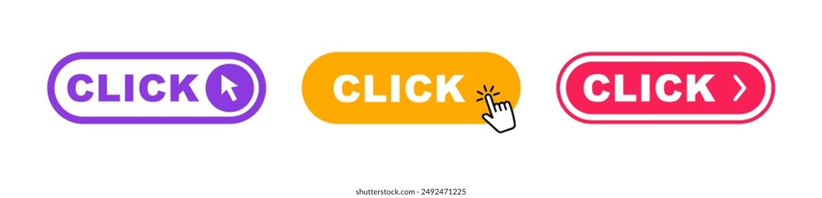 Click Here Button with pointer clicking. Web button set. Click button. Clicking the icon. Action button click here with click cursor. Vector illustration.